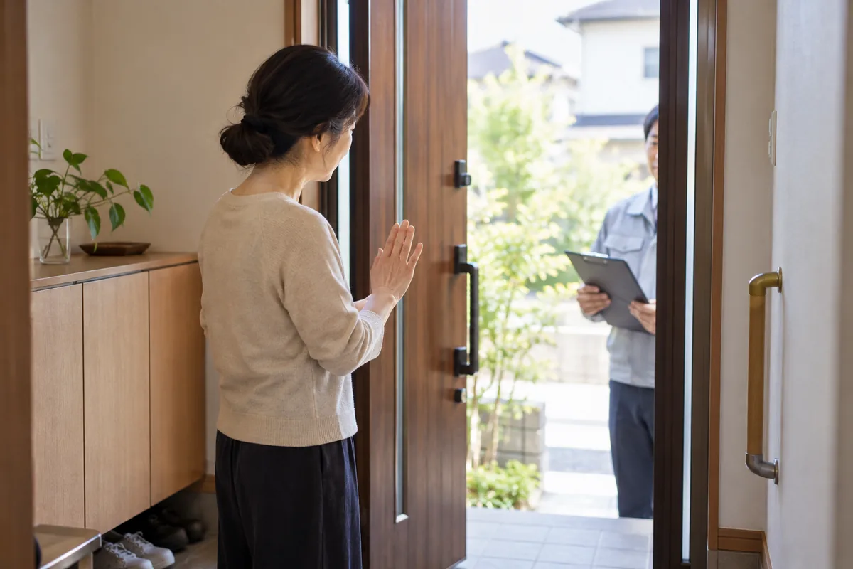 玄関先で、外壁塗装の訪問販売を落ち着いて断る女性のイメージ