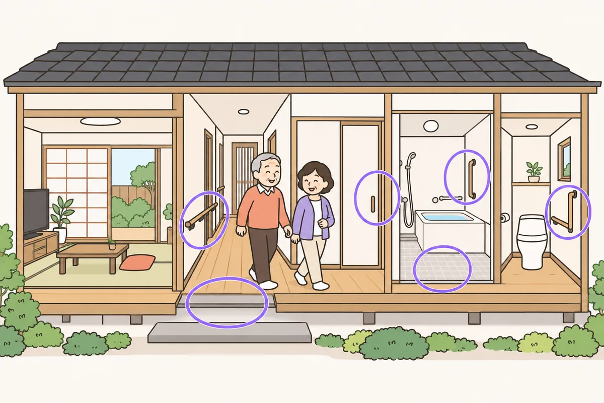 手すりや段差の解消など、バリアフリーリフォームの減税の対象になる工事のイラスト