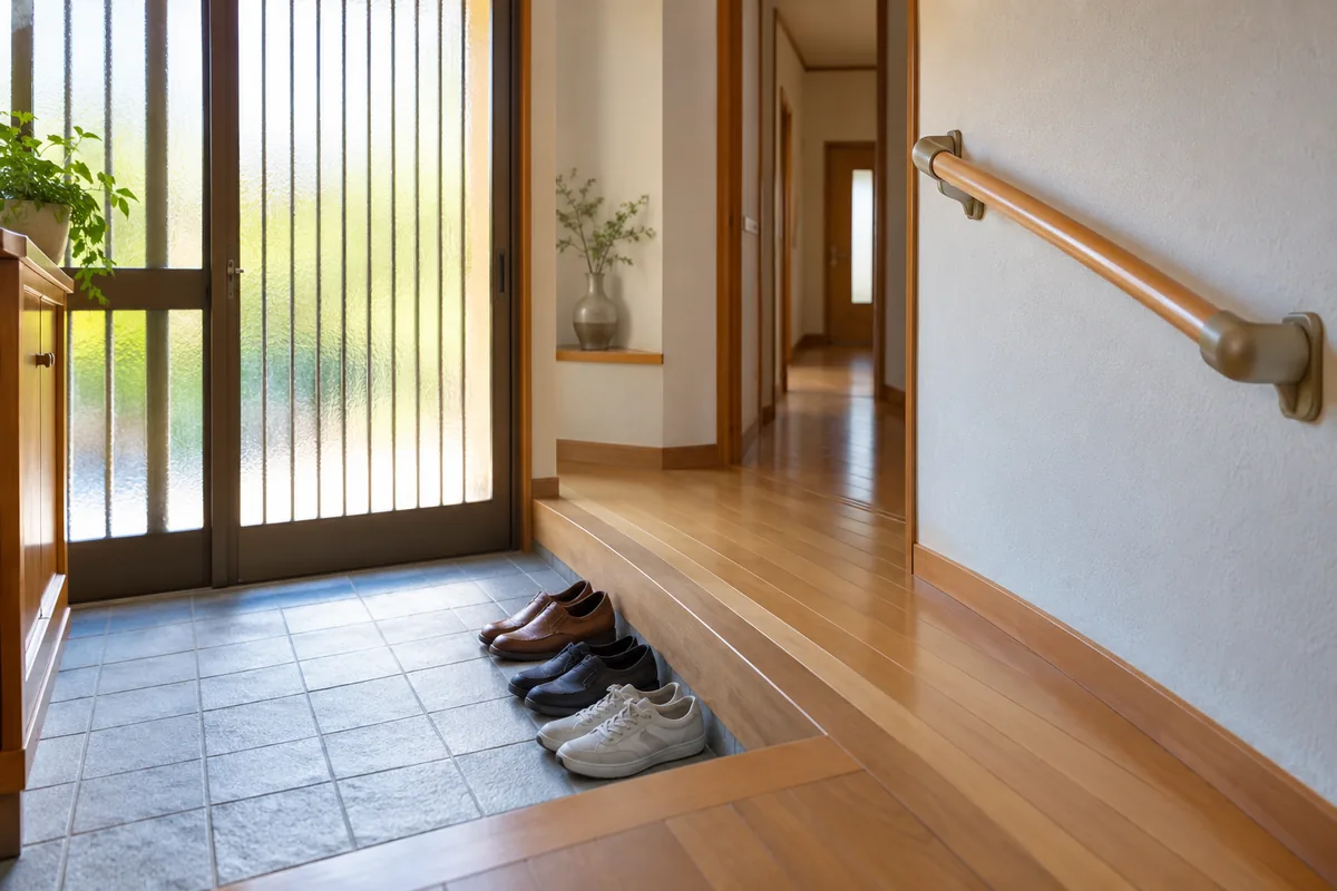 玄関の上がり口に手すりを付けた、介護保険の住宅改修で対象になる工事の例のイメージ