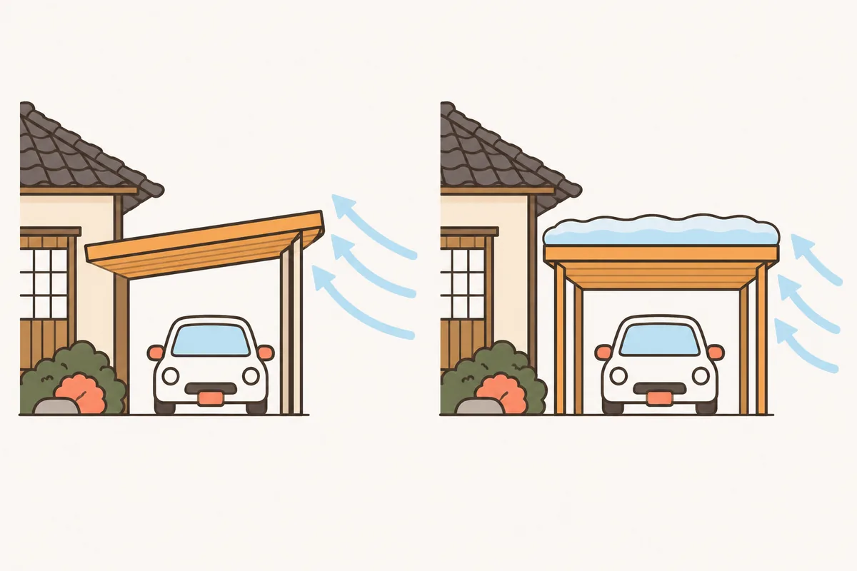 片側支持と両側支持を並べ、風や雪への強さと費用の差を描いたカーポートのイラスト