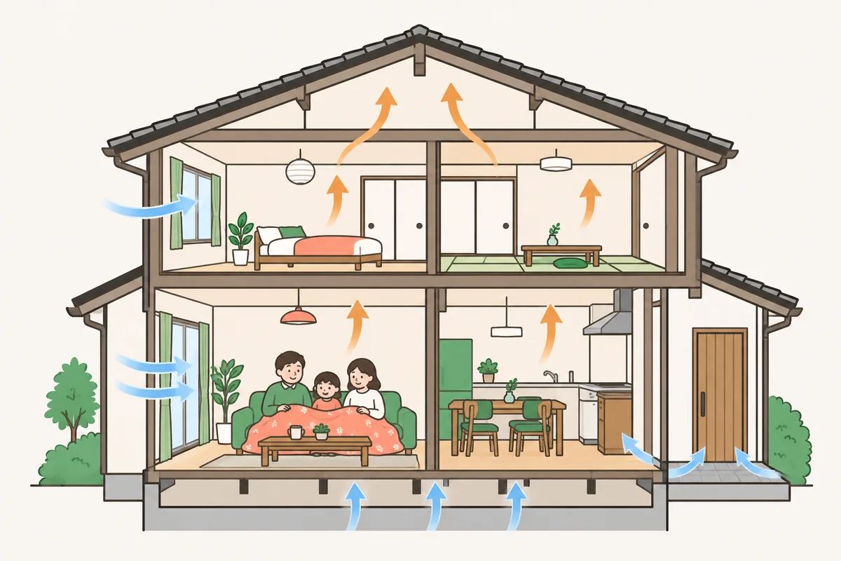 窓・すきま・床から冷気が入る様子を矢印で示した、家が寒い原因のイラスト