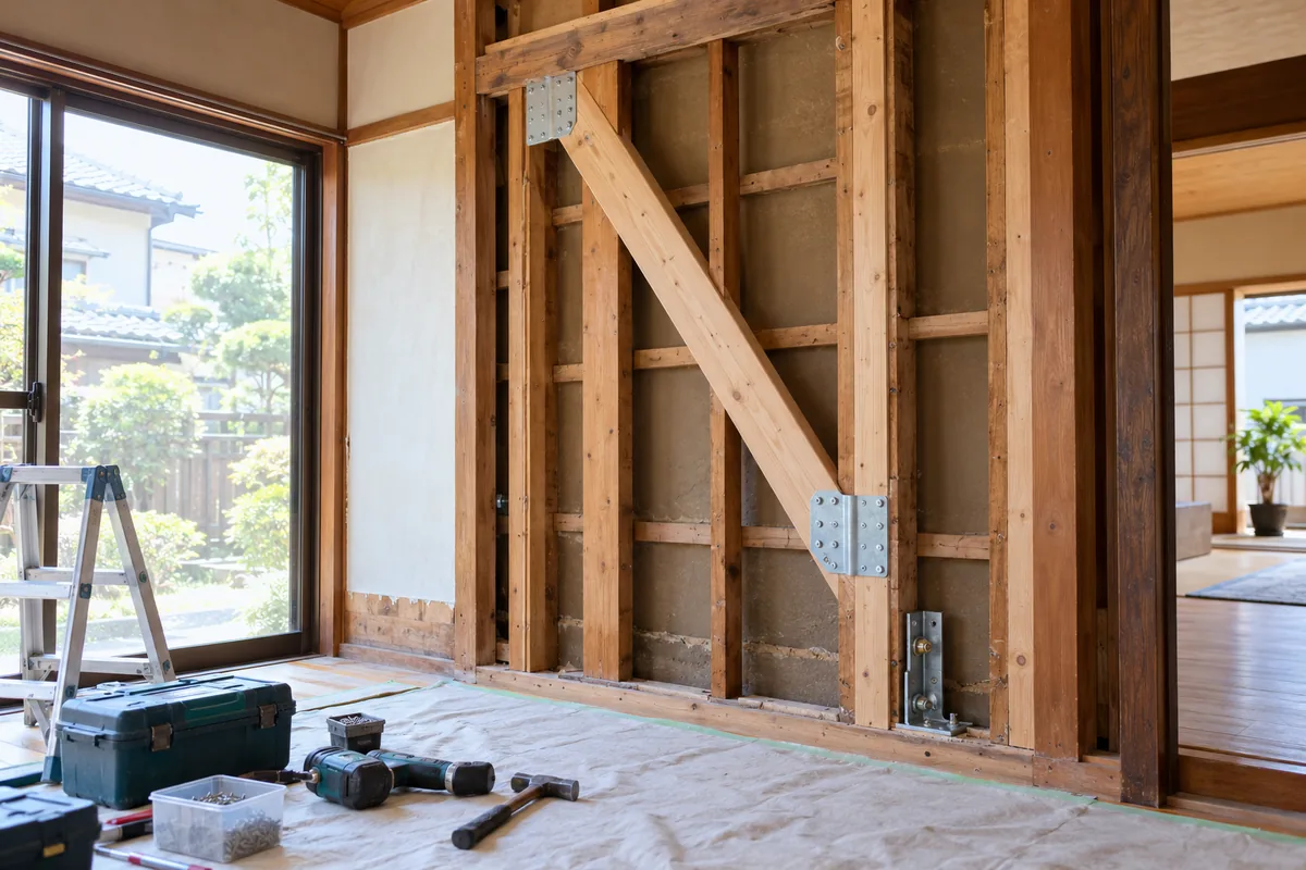 柱と筋かいに新しい金物を付けた壁の中。耐震リフォームの減税の対象になる工事のイメージ