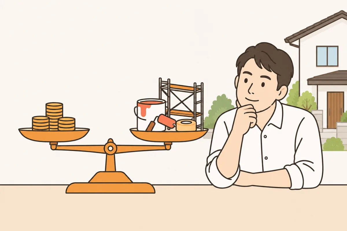 料金と工事の中身を天秤にかけて、外壁塗装が安い理由を考えるイラスト