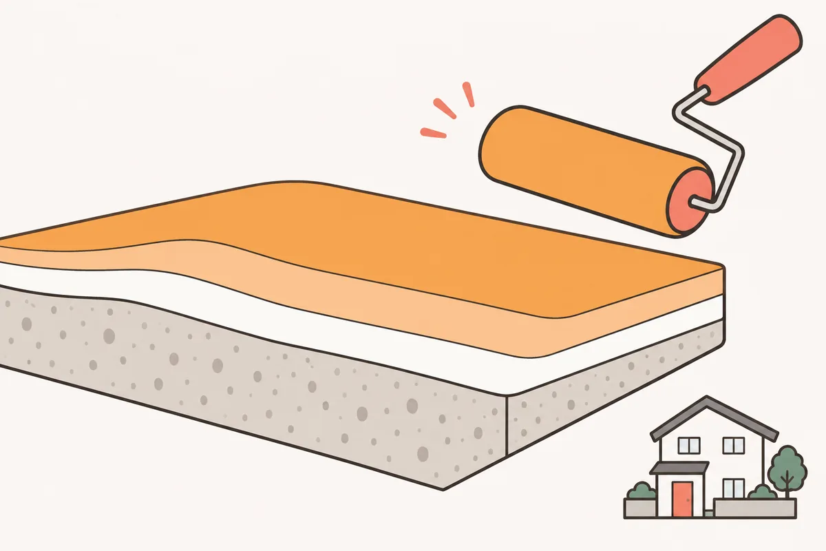 下塗り・中塗り・上塗りの3層を重ねた、外壁塗装の3回塗りの断面イラスト