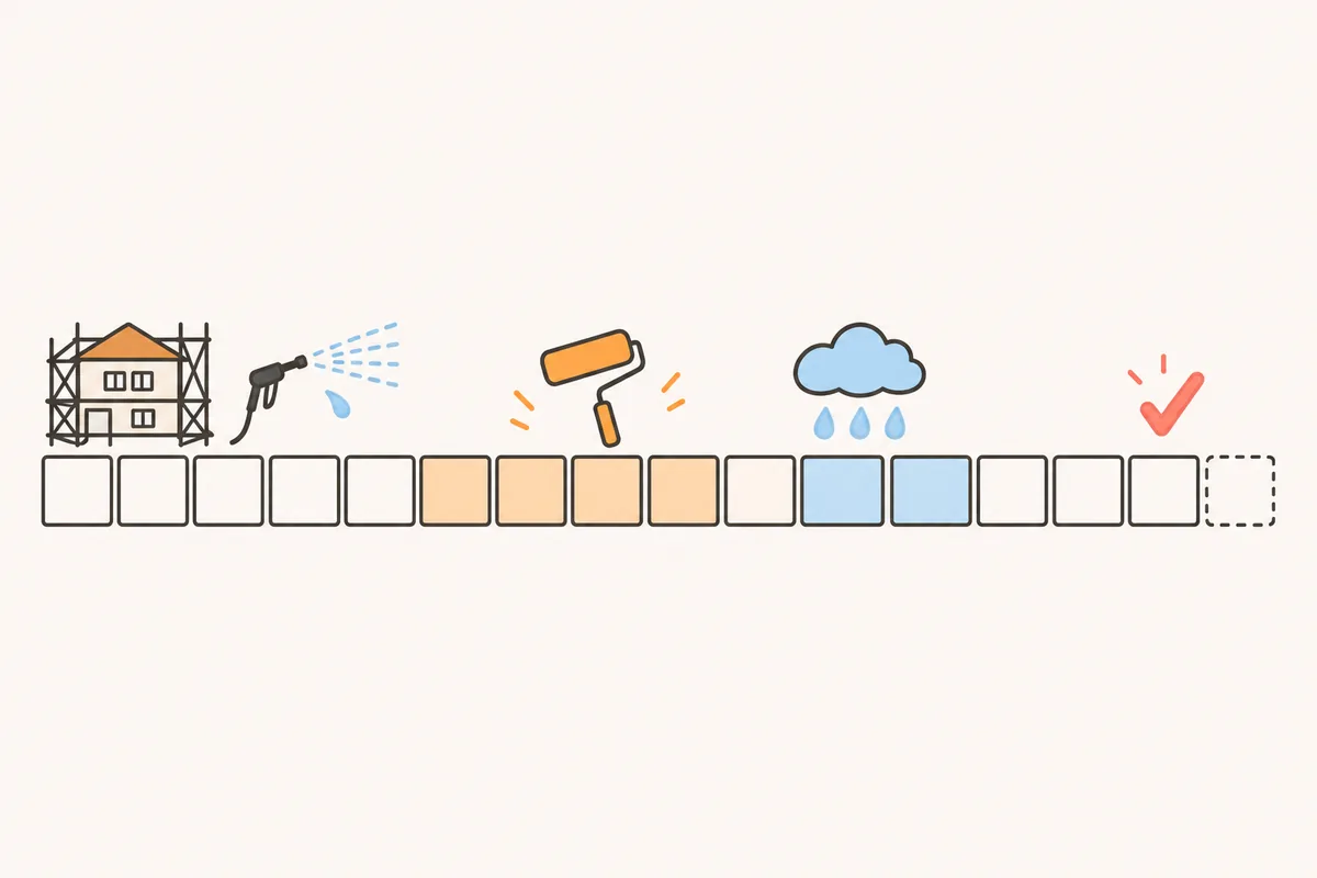 約2週間の工程に雨の日が入り、日数が延びる外壁塗装の期間のイラスト