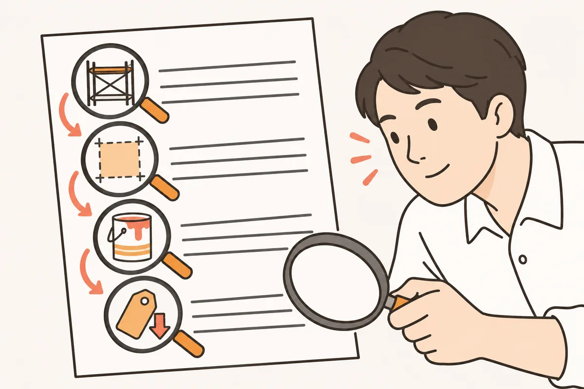 項目・面積・塗料と回数・値引きの順にたどる、外壁塗装の見積書の見方のイラスト