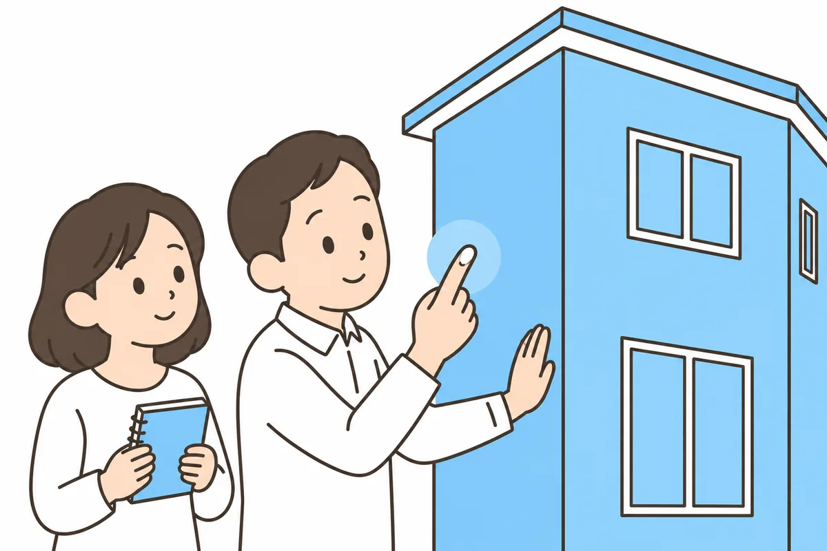 外壁を指でなでて白い粉（チョーキング）が付くかを確かめる夫婦のイラスト。外壁塗装の時期を見極める最初のチェック