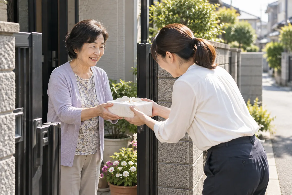 着工前に隣の家を訪ね、外壁塗装の近隣挨拶で小さな品を手渡す女性のイメージ
