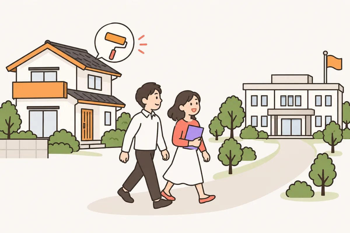 外壁塗装の助成金を確かめに、家から市区町村の窓口へ向かう夫婦のイラスト