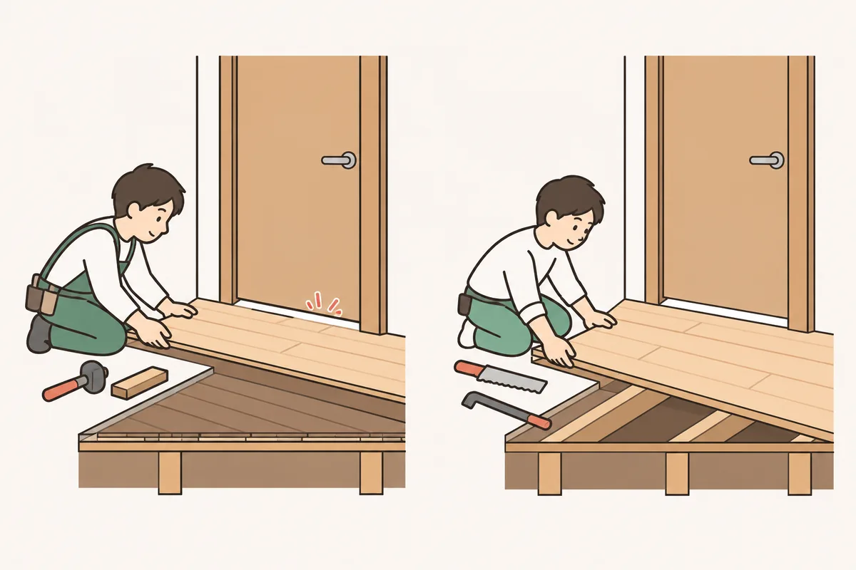 今の床に重ねる工法と、はがして張る工法を断面で比べた、床の重ね張りのイラスト