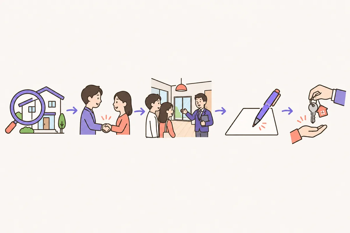 査定から引き渡しまで5つの段階を並べた、戸建て売却の流れのイラスト