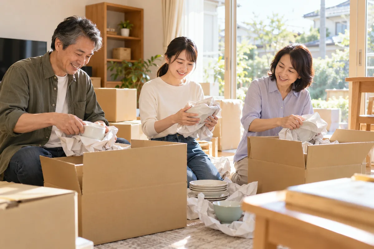 家の売却と住み替えに向けて、荷造りをする家族のイメージ