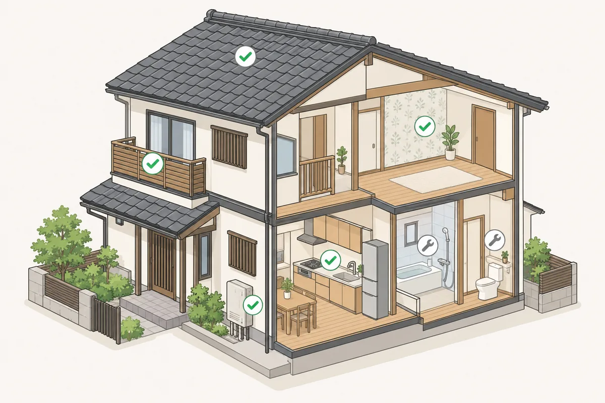屋根・外壁・給湯器・水まわり・内装と、戸建てのメンテナンスで見る部位のイラスト