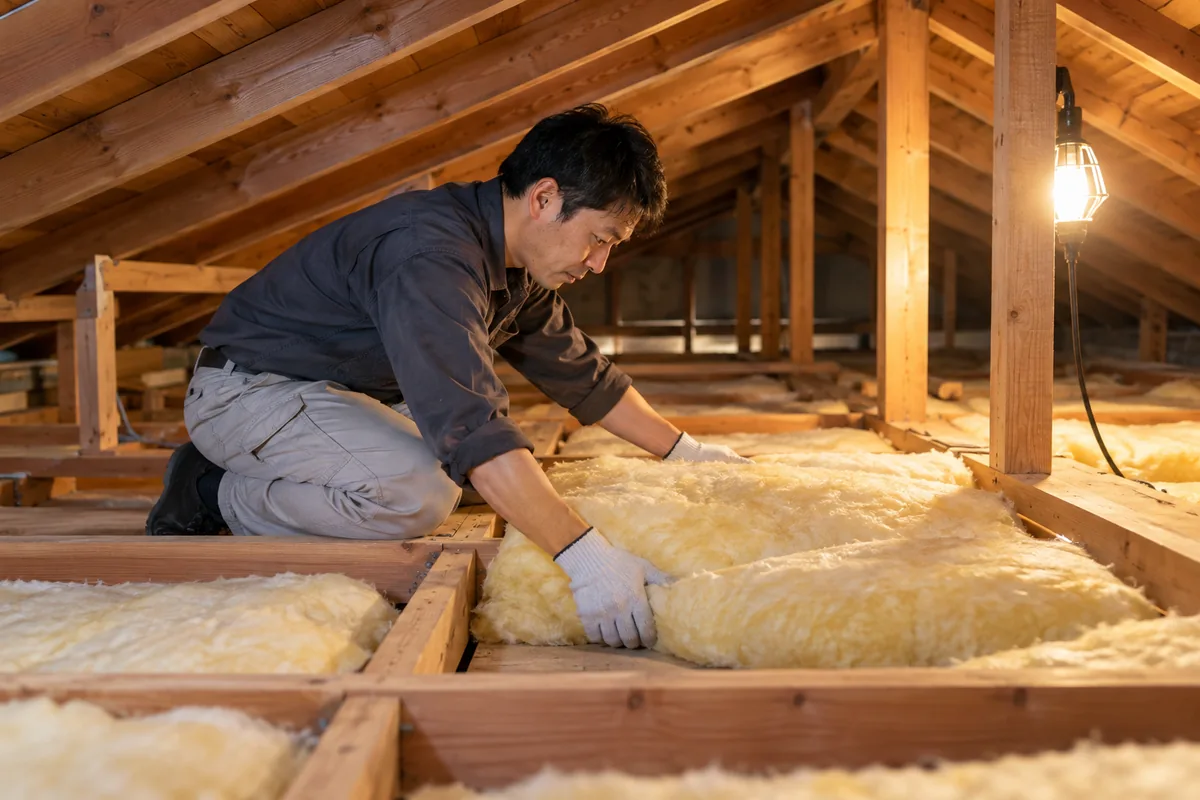 天井裏の梁の間に断熱材を敷き込む、断熱リフォームの工事のイメージ