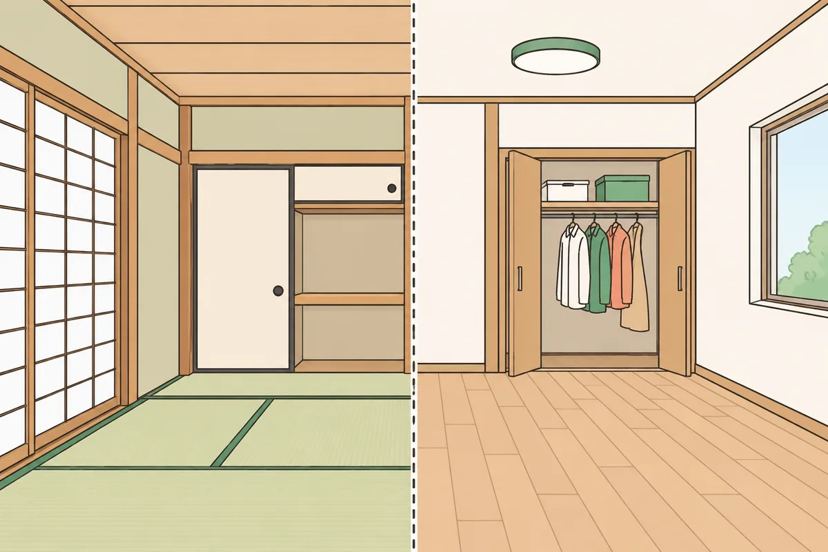 畳・壁・押入れの変わり方を1部屋で描き分けた、和室を洋室にするリフォームのイラスト