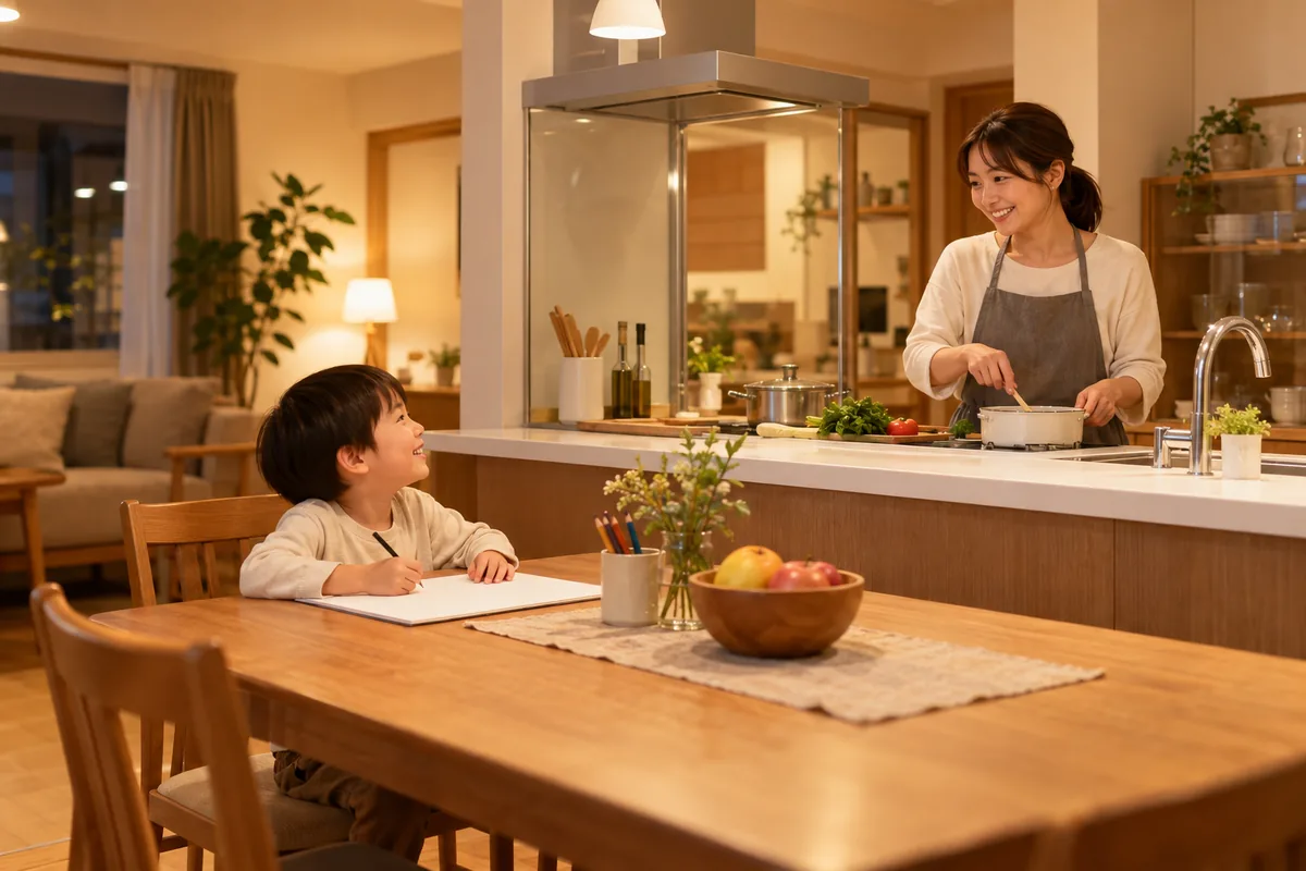 対面キッチンにリフォームした台所で、子どもと話しながら料理する母親のイメージ