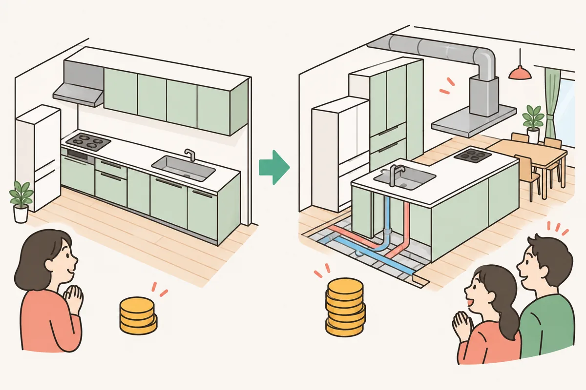 同じ位置での交換と位置を変える工事を比べた、キッチンリフォームの費用のイラスト