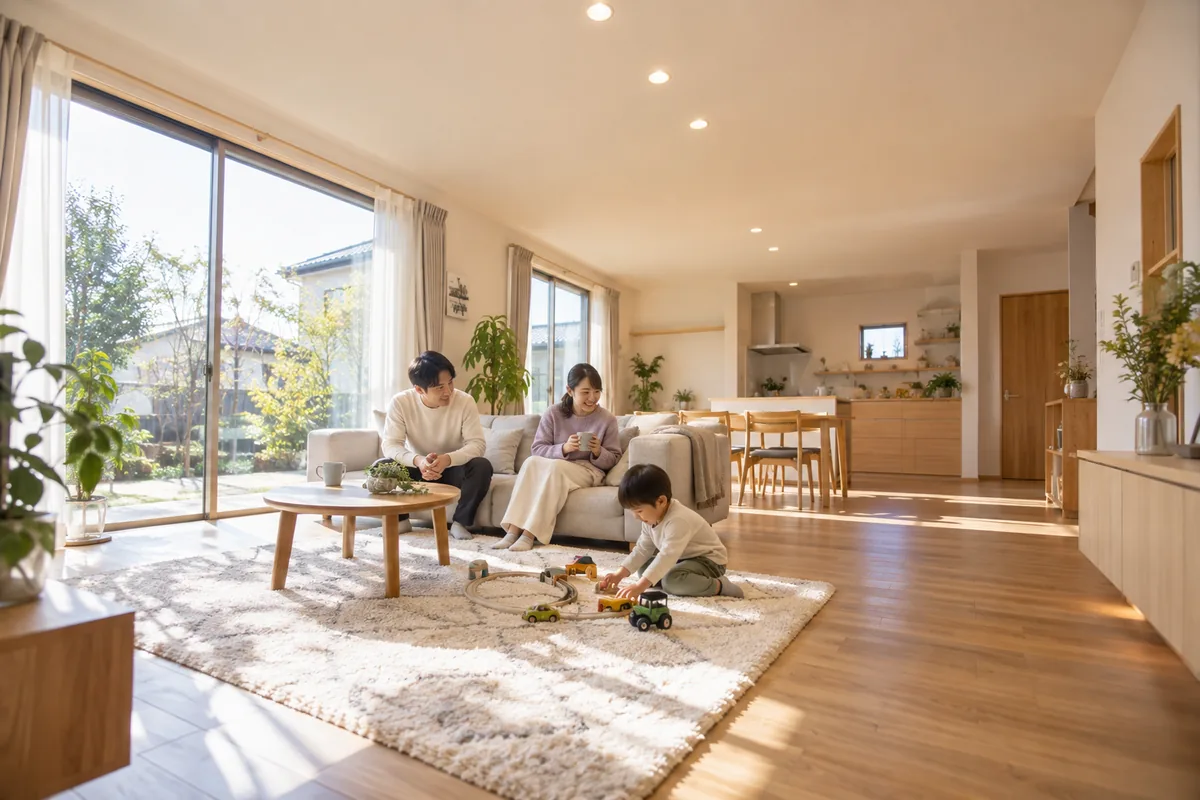 LDKを広くするリフォームで、隣の部屋とつなげた居間でくつろぐ家族のイメージ