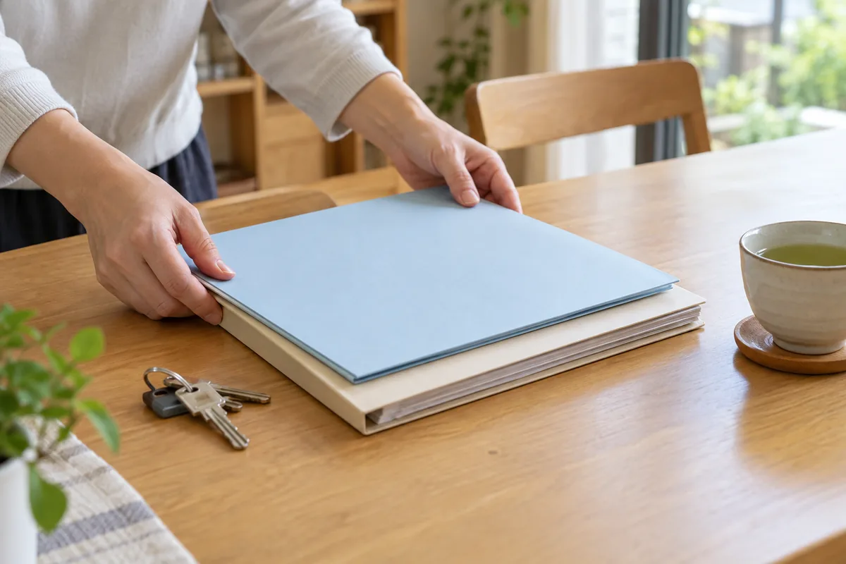 2冊のファイルを1つに重ねる手元で表した、住宅ローンとリフォームの一本化のイメージ