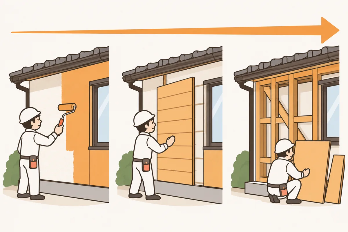 外壁は塗装か張り替えか。カバー工法を含めた3つの工事を並べたイラスト