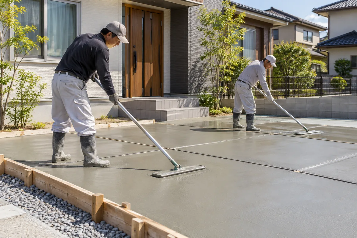 駐車場をコンクリートにする費用の中身になる、目地と土間の仕上げ作業のイメージ