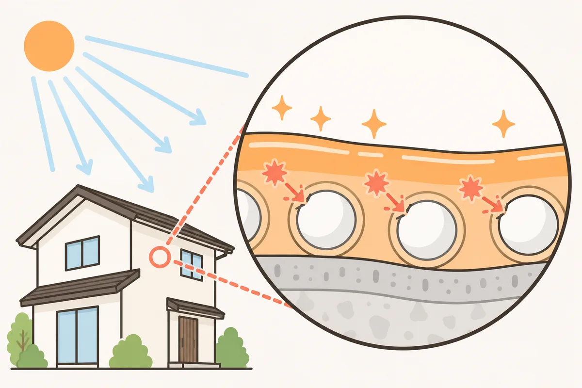 紫外線を受けた塗膜の中で劣化のもとを抑える、ラジカル塗料の仕組みのイラスト
