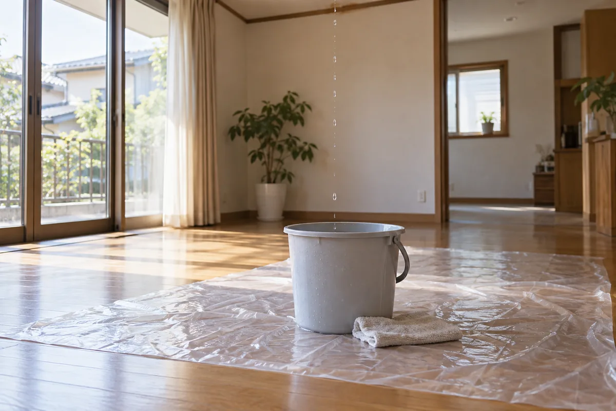 床にシートを敷き、雑巾を入れたバケツで水を受ける雨漏りの応急処置のイメージ