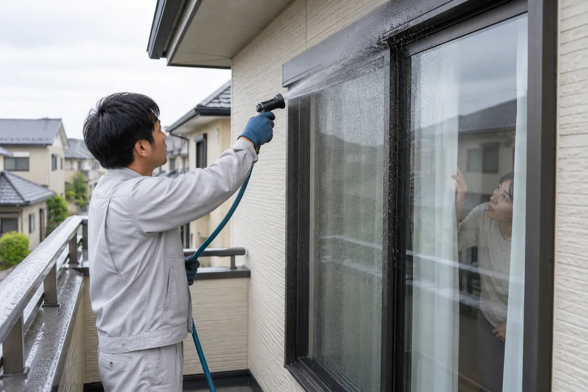 窓まわりにホースで水をかけて雨漏りを再現する、散水調査のイメージ