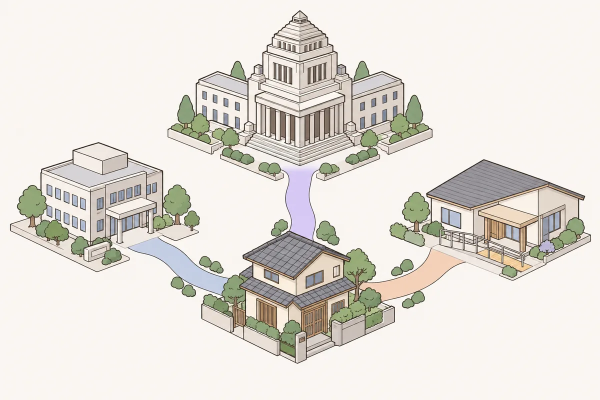 家から国・市区町村・介護保険の3つの窓口へ道が分かれる、リフォーム補助金のイラスト