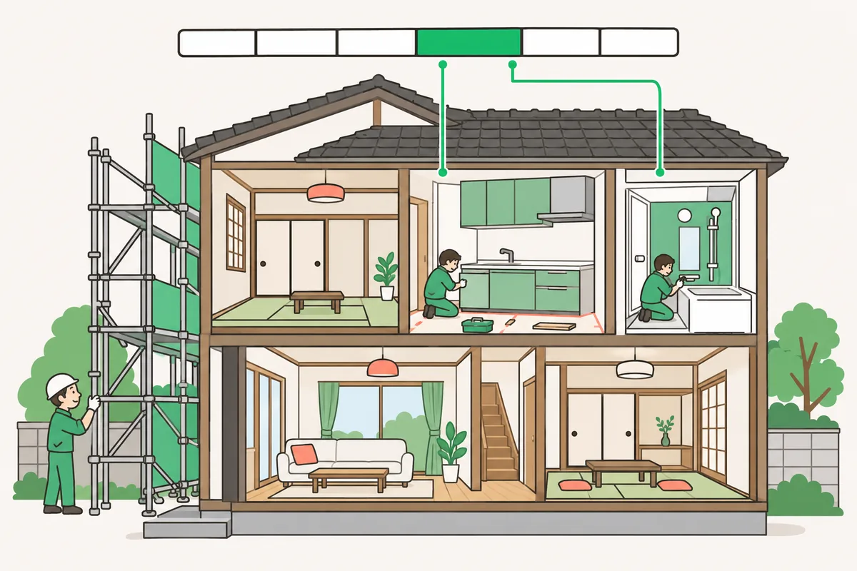 外壁の足場と水まわりの工事を同じ時期にまとめる、築20年のリフォームのイラスト