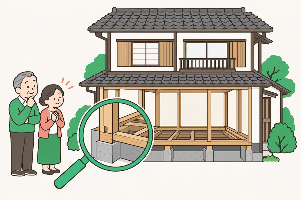 基礎と土台に虫眼鏡を当てた、築40年の家のリフォームで先に確かめる場所のイラスト
