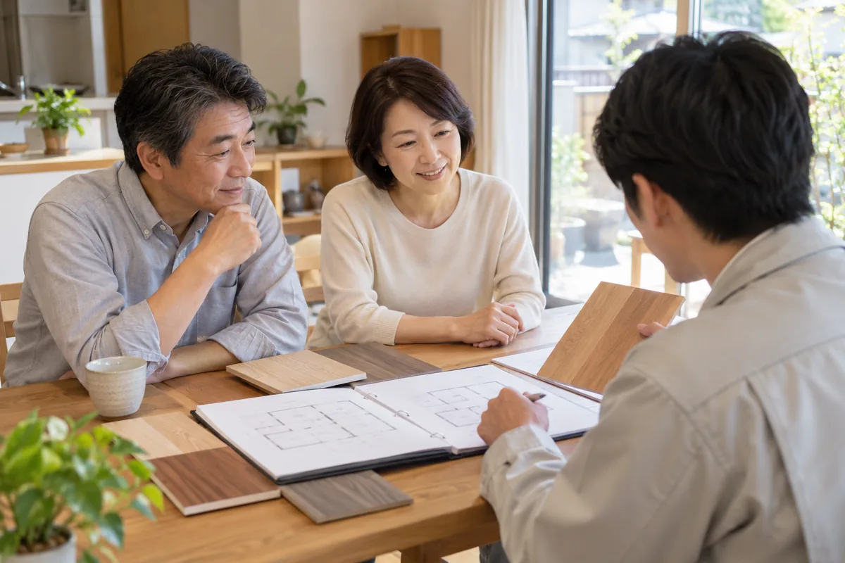 リフォーム会社の選び方として、自宅で担当者の説明を聞き比べる夫婦のイメージ