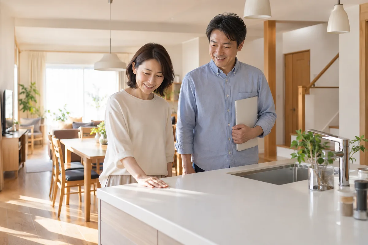 キッチンまで新しくしたLDKに立つ夫婦。住宅ローン控除をリフォームで使う場面のイメージ