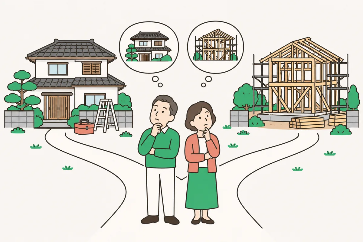 建て替えとリフォーム、どっちを選ぶかの分かれ道に立つ夫婦のイラスト
