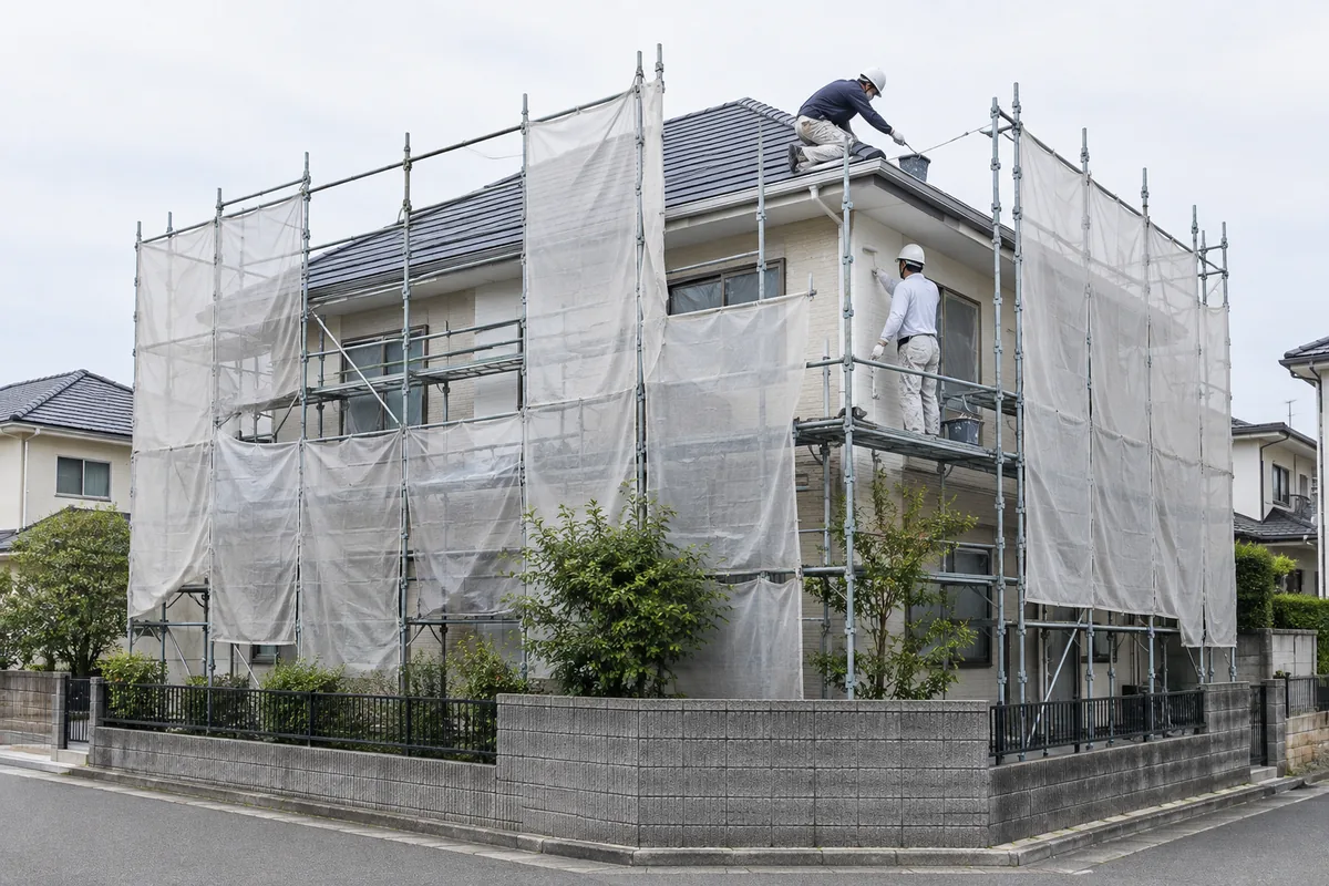 1つの足場を使って、外壁と屋根を同時に塗装している戸建てのイメージ