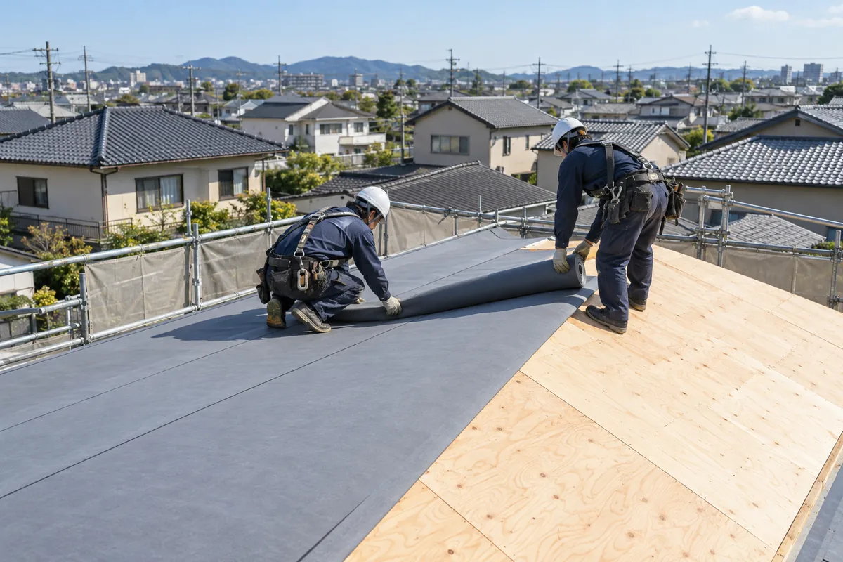 古い屋根材をはがし、下地の板と防水シートから張り直す屋根の葺き替え工事のイメージ