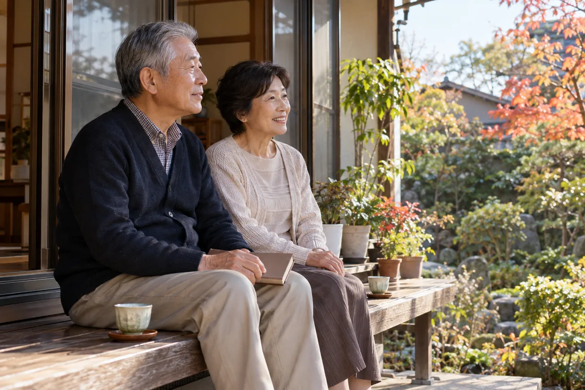 縁側で話す60代の夫婦。完済の年齢から考える、リフォームローンの返済期間のイメージ