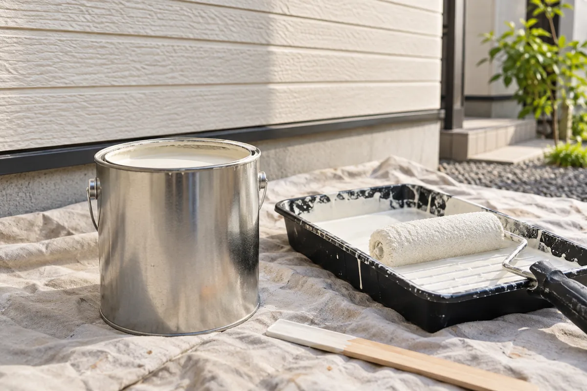 外壁の前に塗料缶とローラーを置いた、シリコン塗料で塗り替える準備のイメージ
