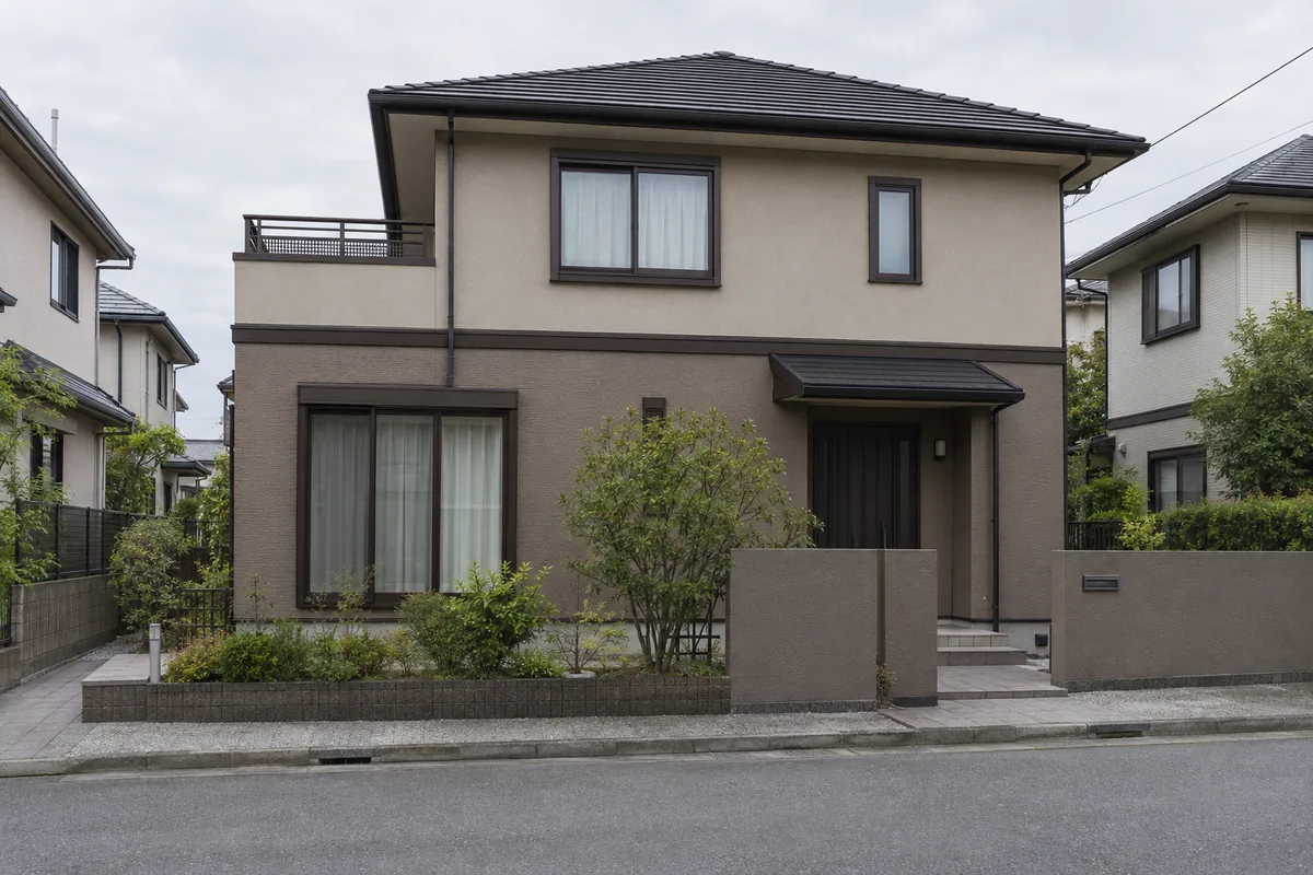 1階と2階の間の帯で塗り分け、下を濃い色にした外壁ツートンの戸建てのイメージ