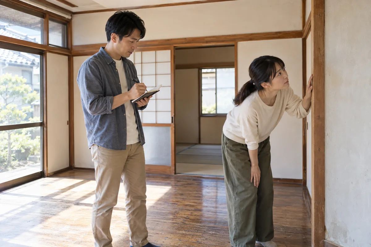 購入前に中古戸建てを見て回り、リフォームが要る場所を確かめる夫婦のイメージ