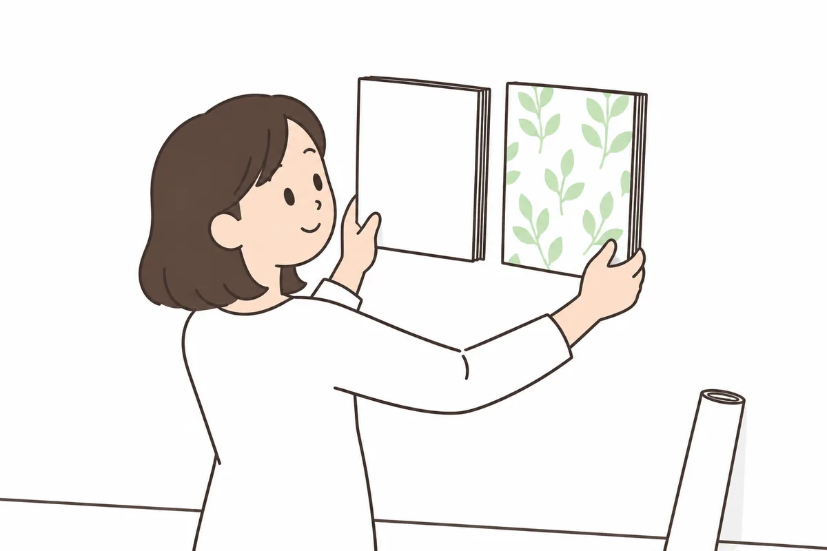 量産クロスと1000番台の壁紙の見本帳を2冊、壁に当てて見比べる女性のイラスト