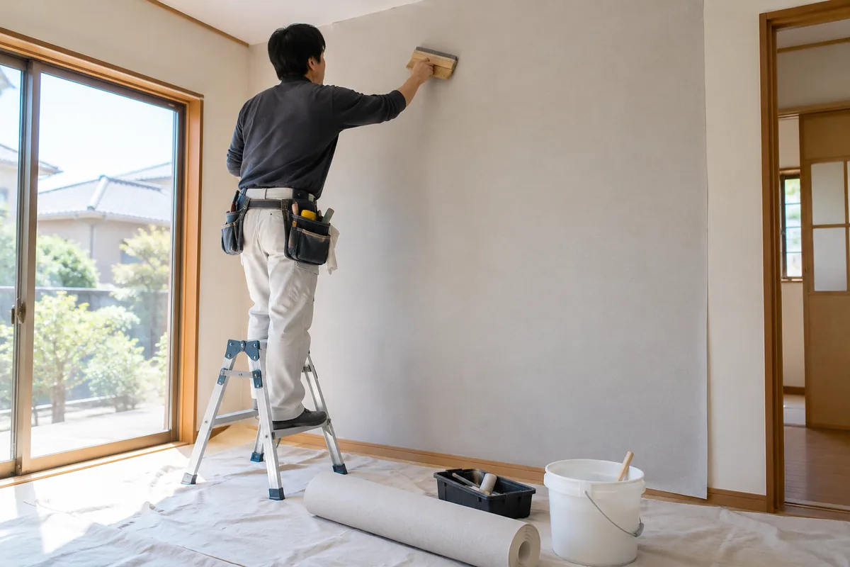 職人がはけで新しい壁紙をなでつけて張る、壁紙リフォームの作業のイメージ