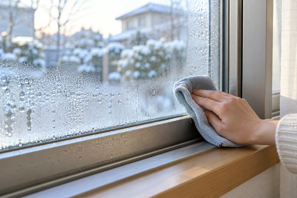窓の結露対策として、冬の朝にガラスの水滴を布でふき取るイメージ