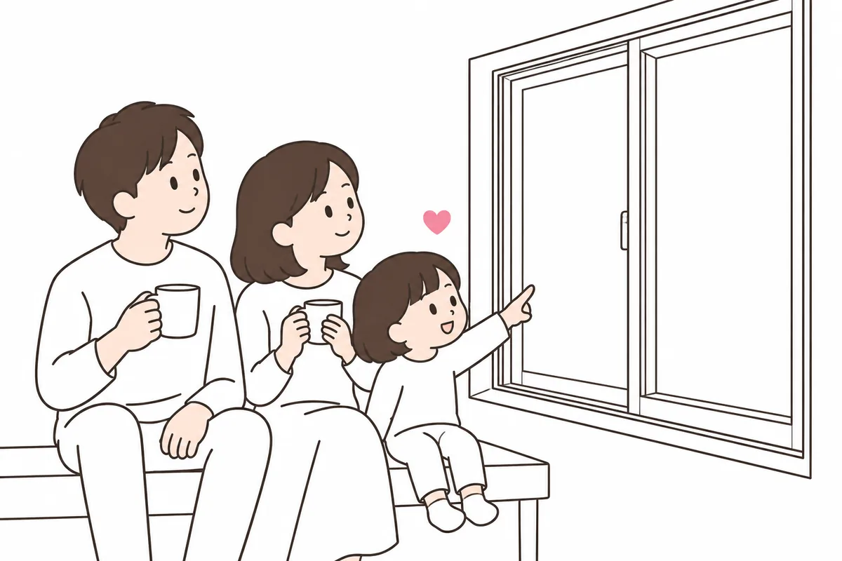 内窓を付けた窓辺でくつろぐ3人家族のイラスト。窓の断熱リフォームで冬の寒さをやわらげるイメージ